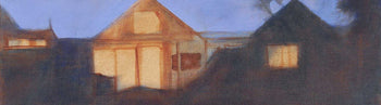 View and buy original artwork online at The Biscuit Factory. Image shows a cropped section of a larger landscape painting of a house glowing with warm light in a dark blue scene, in front is a boat on a lake.