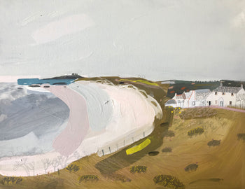 View and buy original paintings by Janine Burrows online at The Biscuit Factory. Image shows a painting of the Low Newton coastline in a naïve-style and coloured with pastels 