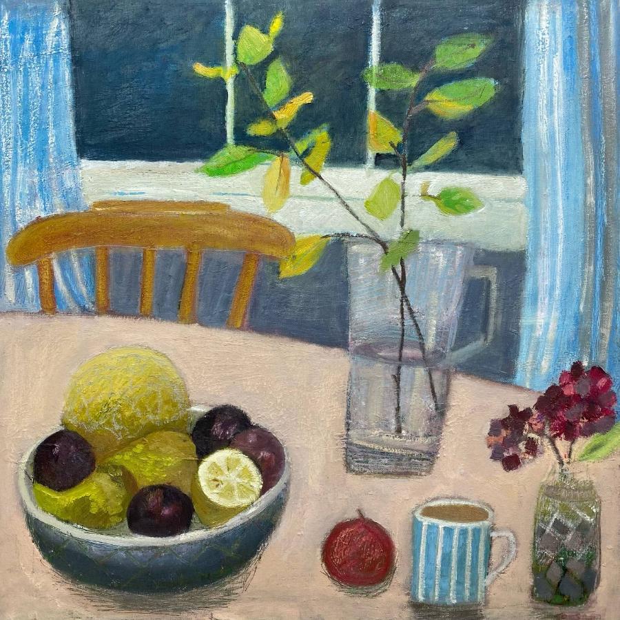 Autumn Leaves and Fruit Bowl, an original still life painting by Jo Sharpe - for sale at The Biscuit Factory Newcastle