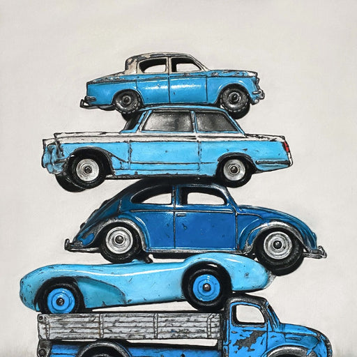 Balancing Ac Blue by Ian Rawling | Contemporary Painting of Cars for sale as part of the New Light Art Prize at The Biscuit Factory 