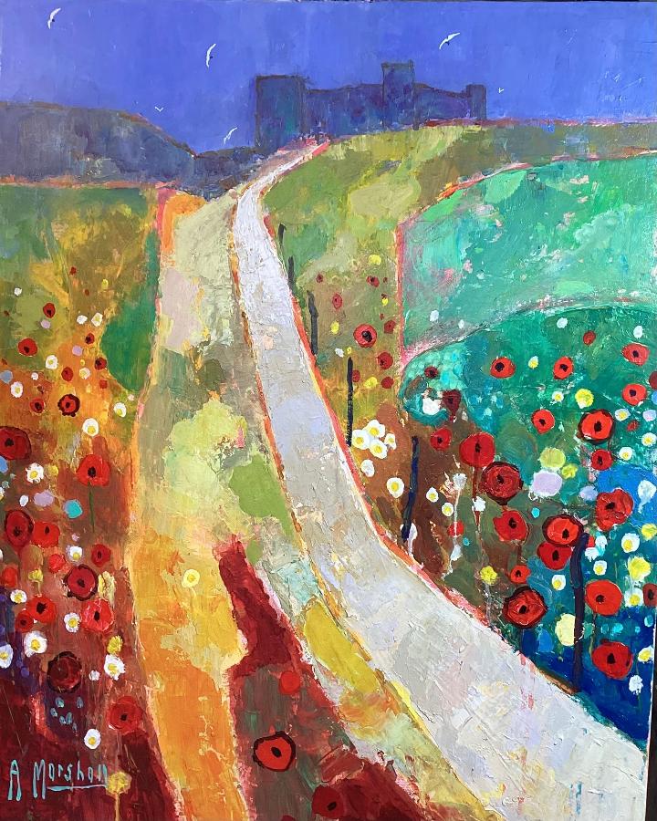 Bamburgh Summer by Anthony Marshall | Contemporary Landscape painting for sale at The Biscuit Factory 