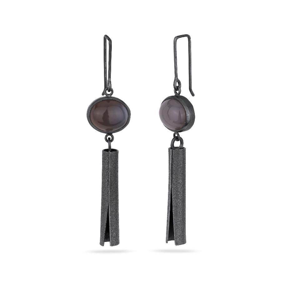 Blackened Sand Drop Earrings Set with Grey Moonstones by Lyndsay Fairley | Handmade Silver Jewellery for Sale at The Biscuit Factory Newcastle 