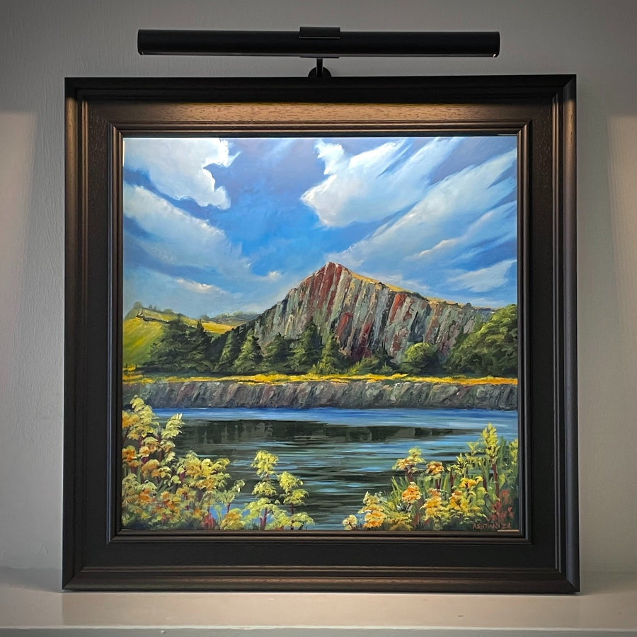 Crawfields Quarry by Ron Ashtiani - an original landscape painting of a quarry and a lake in a black frame - for sale at The Biscuit Factory Newcastle