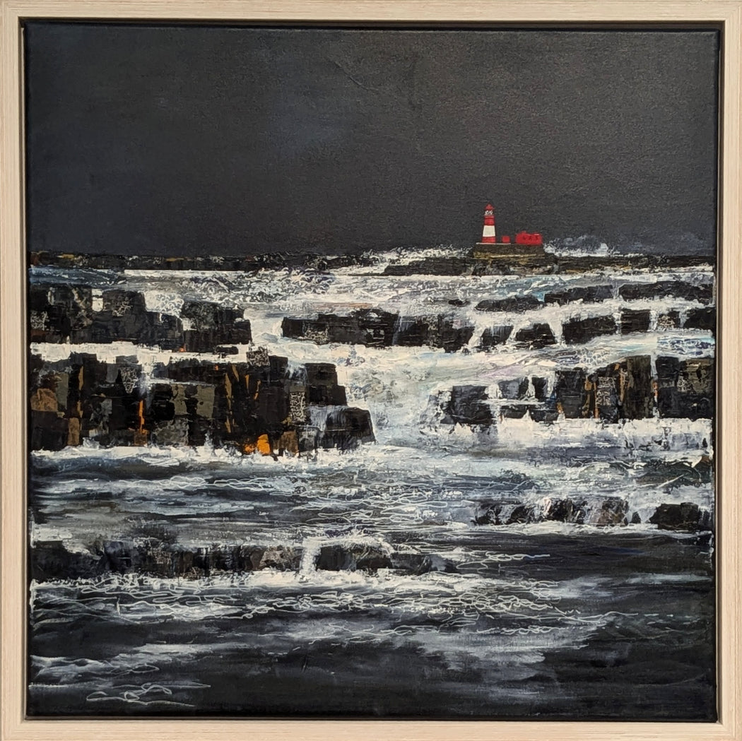 An original painting of a lighthouse and rocky sea shore by artist Judith Appleby. | Original art for sale at The Biscuit Factory Newcastle