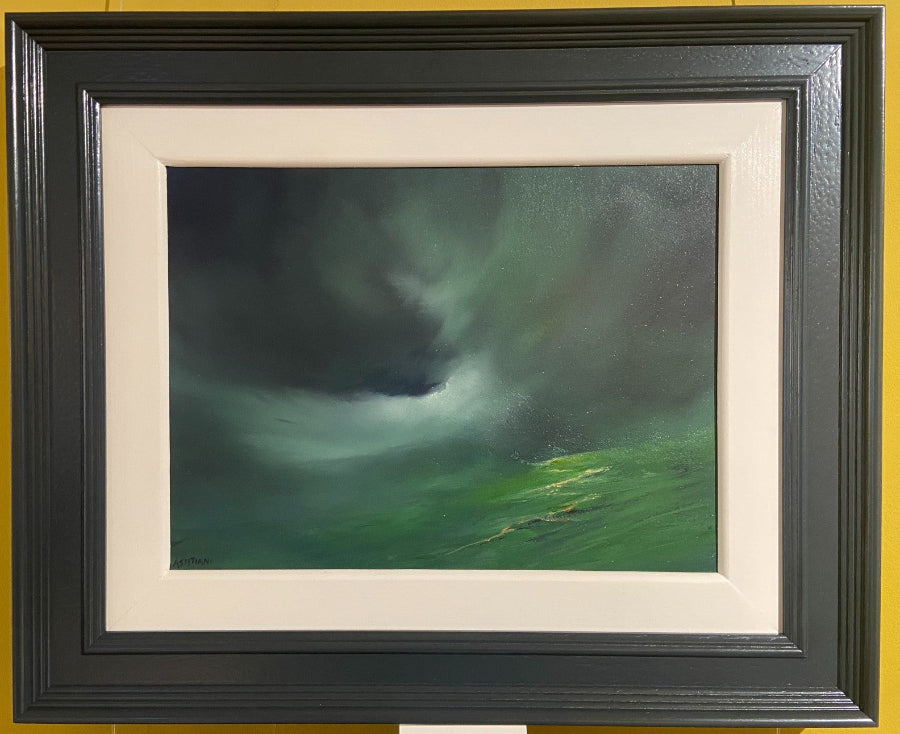 Emerald Isle by Ron Ashtiani - an original landscape painting of a green landscape and grey sky - for sale at The Biscuit Factory Newcastle