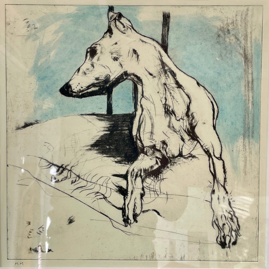 Greyhound with Head Turned by Mike Moor | Contemporary Drypoint print with Watercolour for sale at The Biscuit Factory Newcastle  