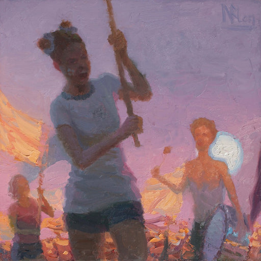 Guardians of the Future by Norman Long | Contemporary Figurative painting for sale at The Biscuit Factory original oil paintings on display for the New Light Art Prize