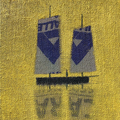 Hessian Sails - Yellow | Contemporary Oil Painting of a Boat agaisnt yellow backdrop for sale at The Biscuit Factory Newcastle