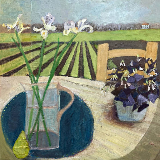 Irises and Stripey Fields by Jo Sharpe, an original painting of flowers on a table with fields beyond. | Original art for sale at The Biscuit Factory Newcastle