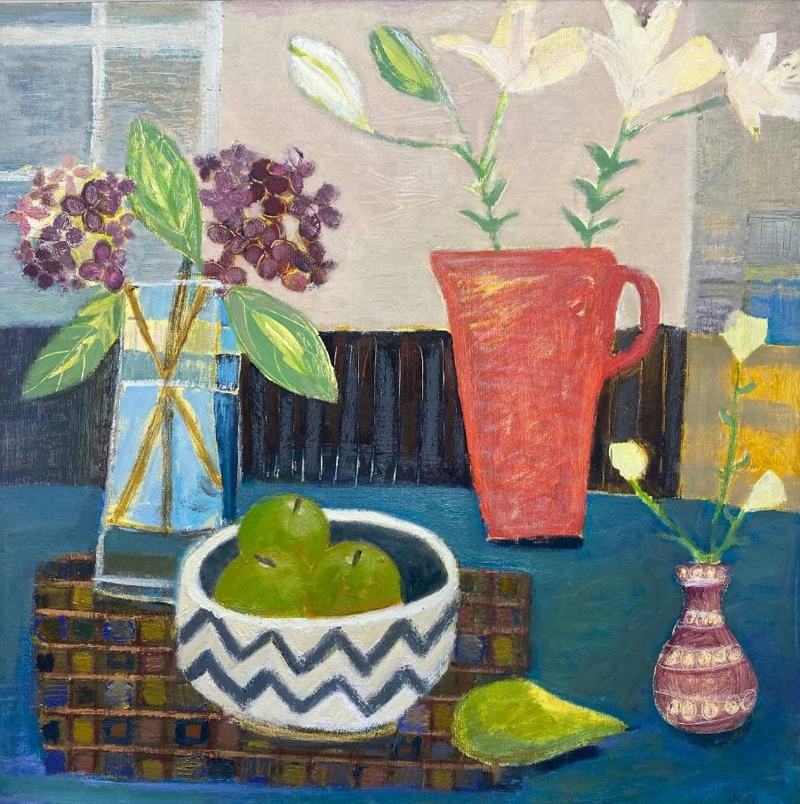 Lillies, Hydrangeas and Apples by Jo Sharpe, an original still life painting | Original art for sale at The Biscuit Factory Newcastle
