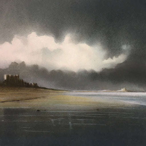 Lindisfarne from Bamburgh Beach, Late Evening Winter by Chris Knox - a pastel drawing of a coastal landscape. | Find original landscape art at The Biscuit Factory Newcastle