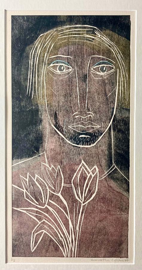 Man with Tulips by Henrietta Corbett | Contemporary Woodcut Print of a person with flowers for sale at The Biscuit Factory 