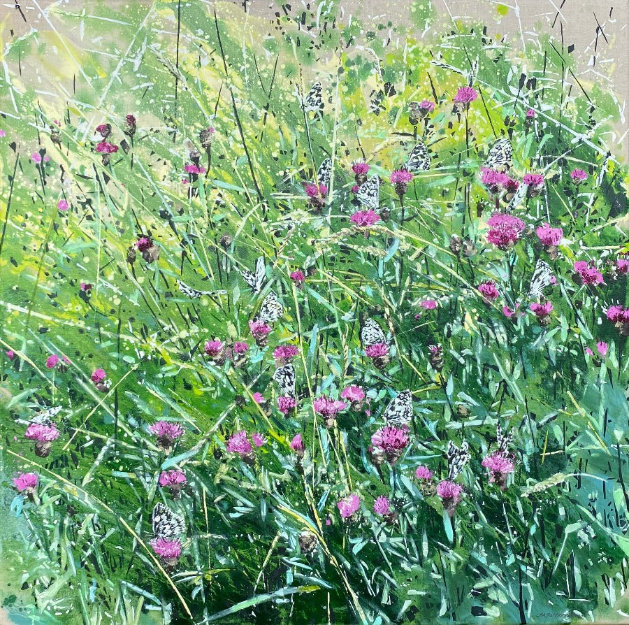 Marbled Whites Knapweed by James Fotheringhame | Contemporary Landscape painting for sale at The Biscuit Factory 