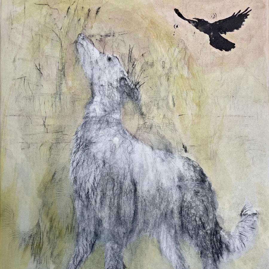 Misty Hound with Rook by Mike Moor | Contemporary Drypoint and Watercolour for sale at The Biscuit Factory Newcastle