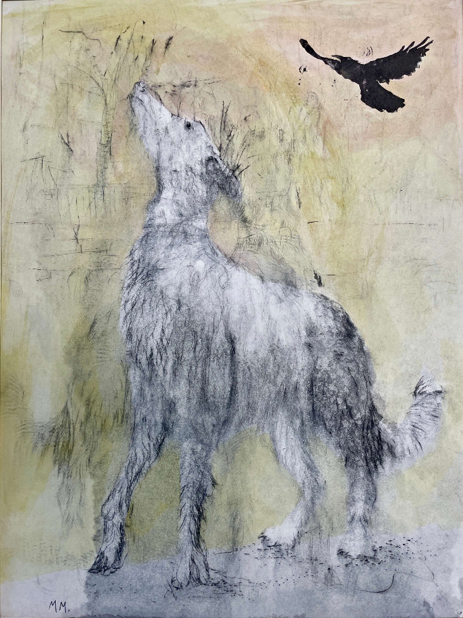 Misty Hound with Rook by Mike Moor | Contemporary Drypoint and Watercolour for sale at The Biscuit Factory Newcastle