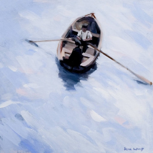 Morning Promise by Sam Wood - an original painting of a figure in a rowing boat. | Original figurative art for sale at The Biscuit Factory Gallery