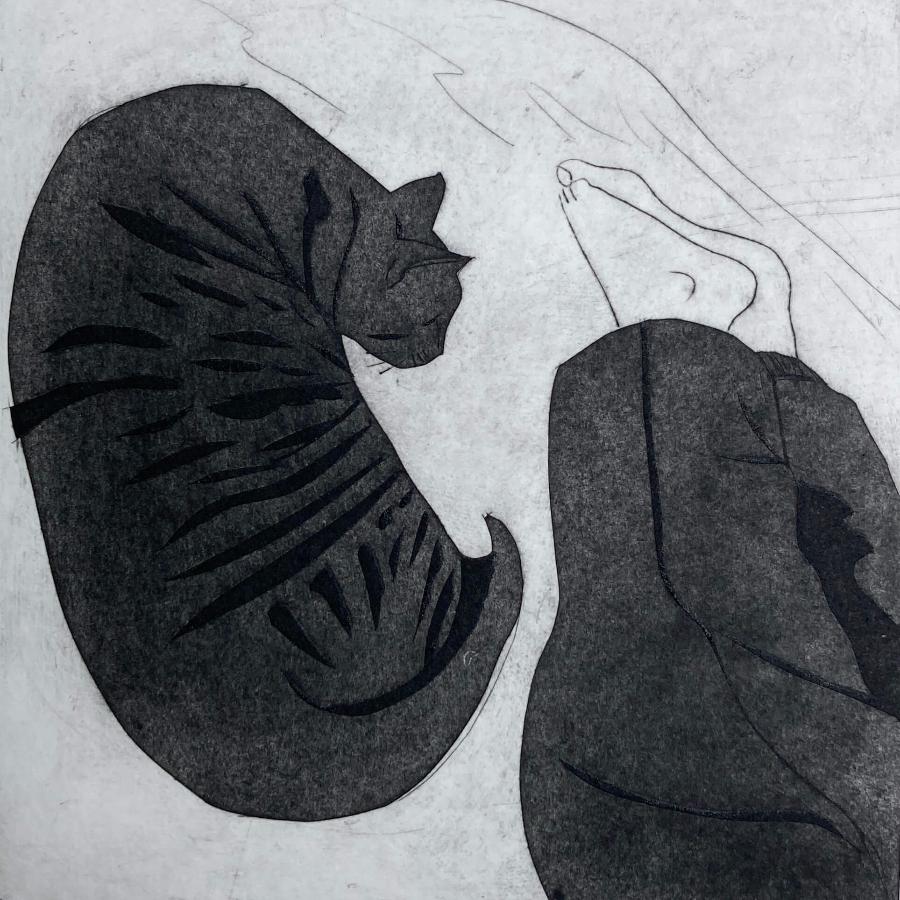 Nap Time by Sarah Morgan | Collagraphy Print of a cat in black and white by Sarah Morgan for sale at The Biscuit Factory