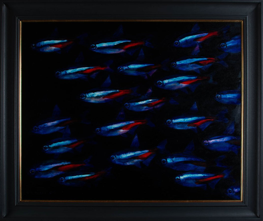 Neon Tetra Shoal by Andrew Tyzack | Original Oil painting for sale at The Biscuit Factory Newcastle 