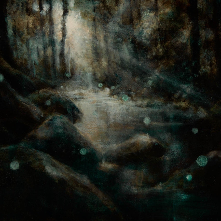 A section of an atmospheric oil painting of a river and forest by Deborah Grice titled 'Our Hope I'