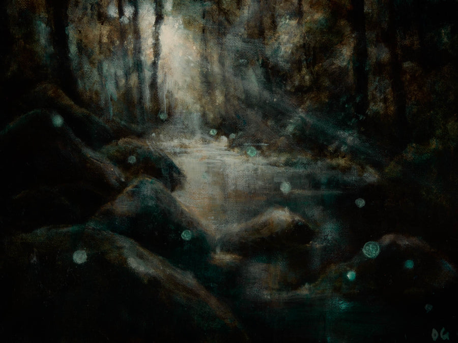 An atmospheric oil painting of a river and forest by Deborah Grice titled 'Our Hope I'