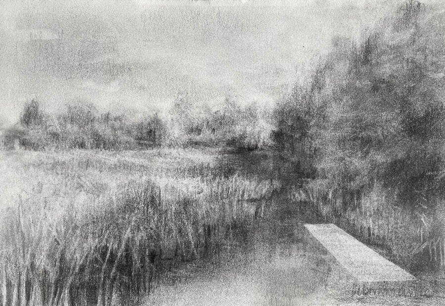 A graphite landscape drawing by artist Deborah Grice, titled 'Pastoral Void II'