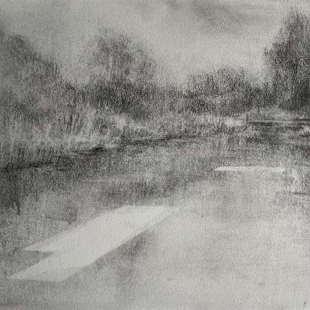 A section of a graphite landscape drawing by Deborah Grice titled 'Pastoral Void III'