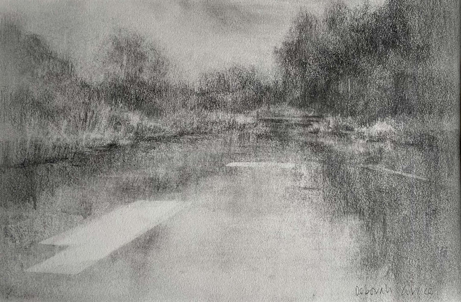 A graphite landscape drawing by Deborah Grice titled 'Pastoral Void III'