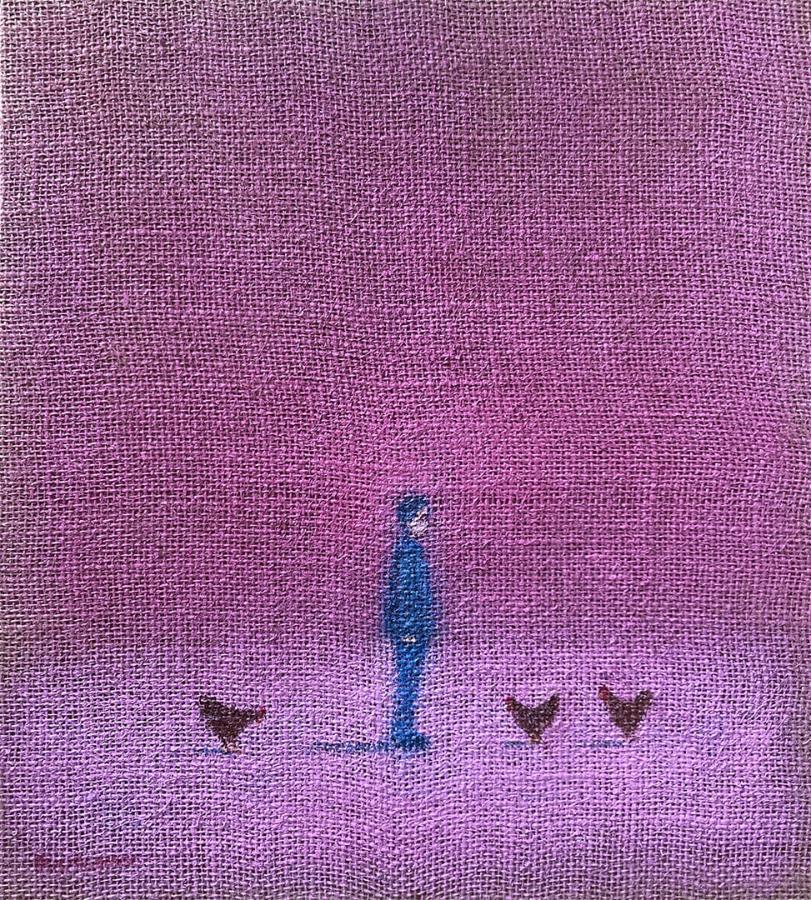 Pecking Order by Stuart Buchanan | Contemporary Oil Painting of a person with chickens for sale at The Biscuit Factory 