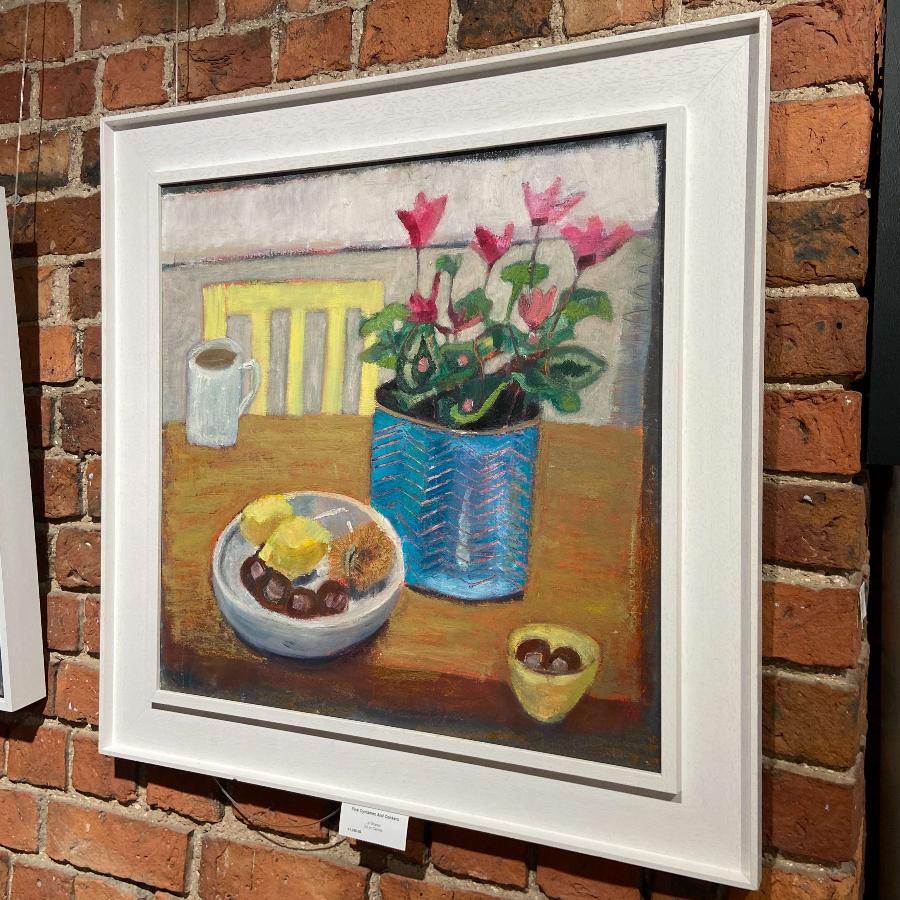 Pink Cycalmen and Conkers by Jo Sharpe - an original still life painting in a white frame