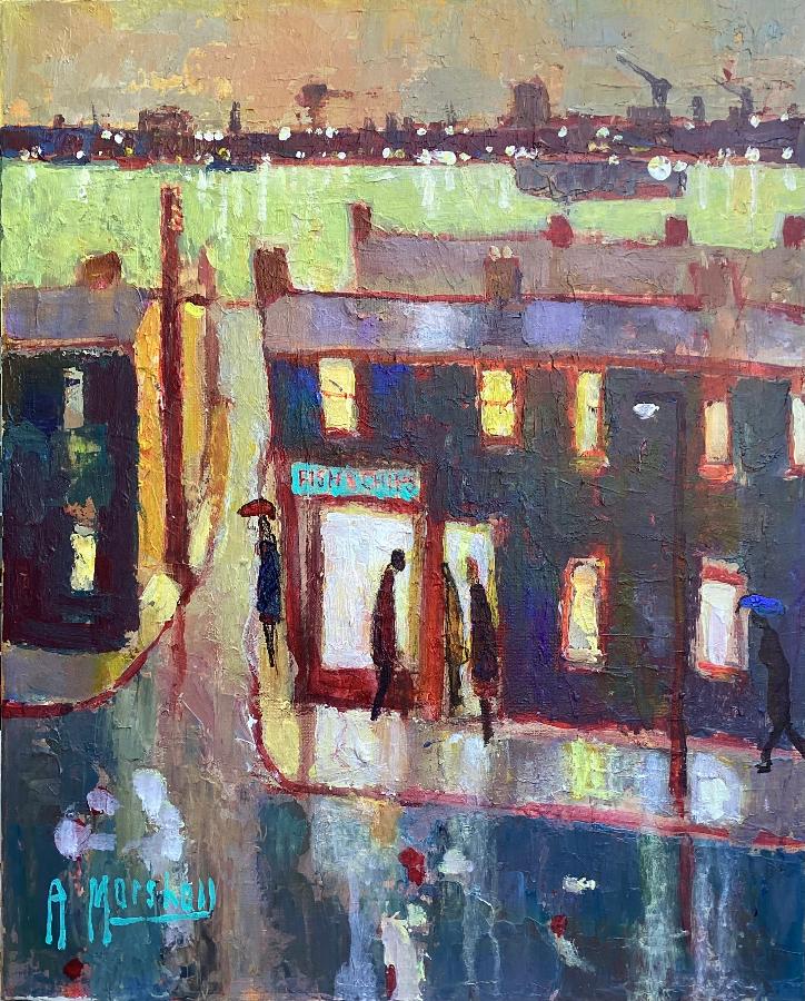 Quayside Chippy by Anthony Marshall | Contemporary Painting for sale at The Biscuit Factory 