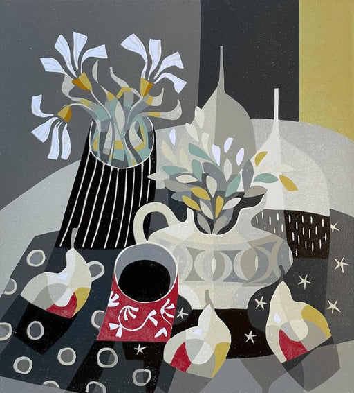 Red Cup and Pears by Jane Walker | Limited edition print of a still life with red cup for sale at The Biscuit Factory 