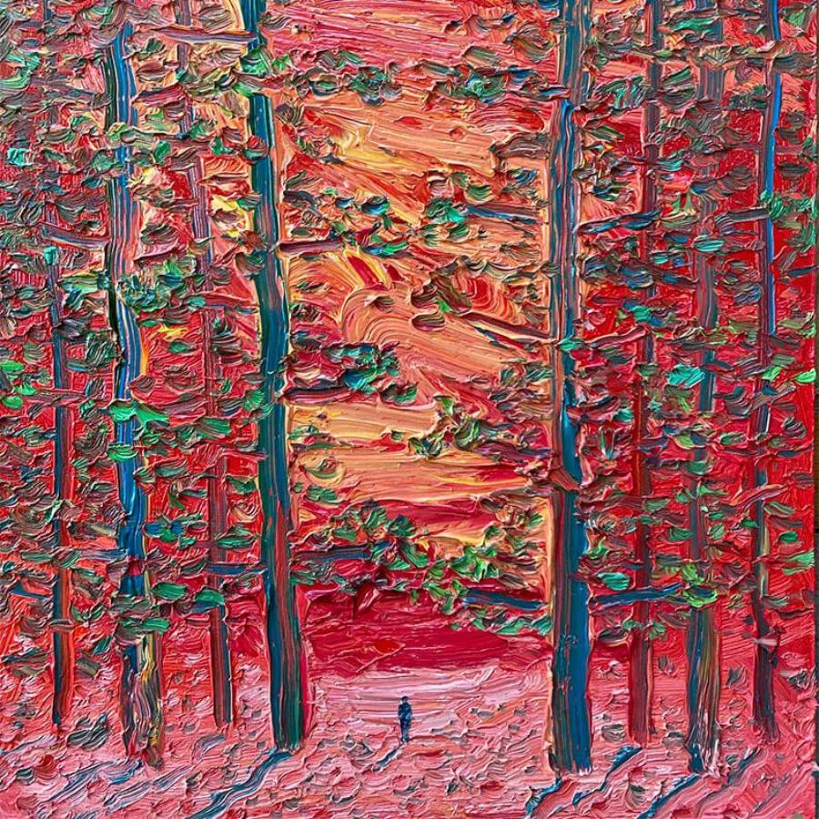 Red Sky at Night by Stuart Buchanan | Original Oil painting of a forest scene in red for sale at The Biscuit Factory Newcastle