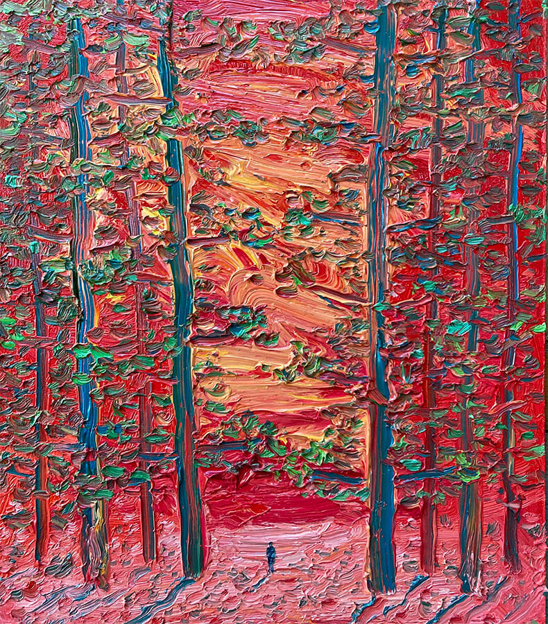 Red Sky at Night by Stuart Buchanan | Original Oil painting of a forest scene in red for sale at The Biscuit Factory Newcastle