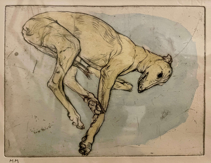 Resting Greyhound by Mike Moor | Drypoint print for sale at The Biscuit Factory Newcastle 