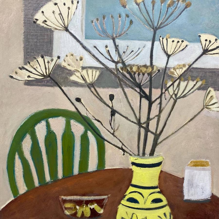 Seedheads in Mum's Vase and Green Chair by Jo Sharpe - an original still life painting for sale at The Biscuit Factory Newcastle