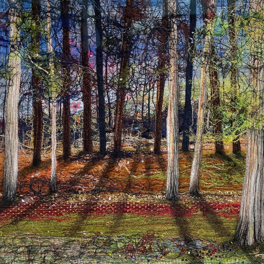 Shadows at Millington Woods by Justine Warner, a textile artwork of a woodland. | Original textile art for sale at The Biscuit Factory Newcastle