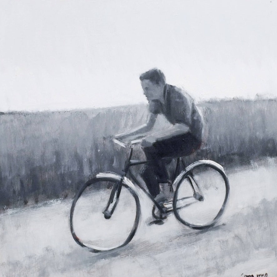 Speed Rider by Sam Wood, an original painting of a person riding a bike. | Original figurative art for sale at The Biscuit Factory Gallery