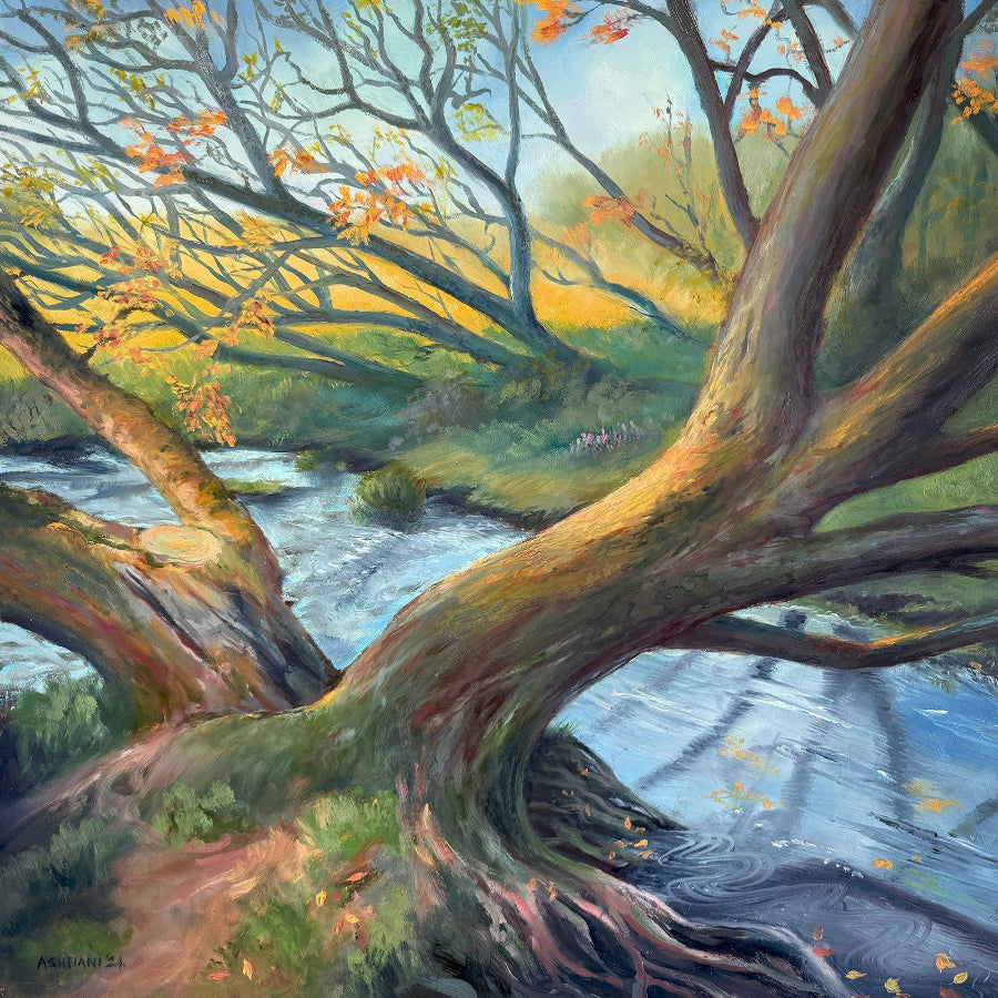 Split Tree on the River Pont by Ron Ashtiani. An original paitning of woodland by a river - for sale at The Biscuit Factory Newcastle