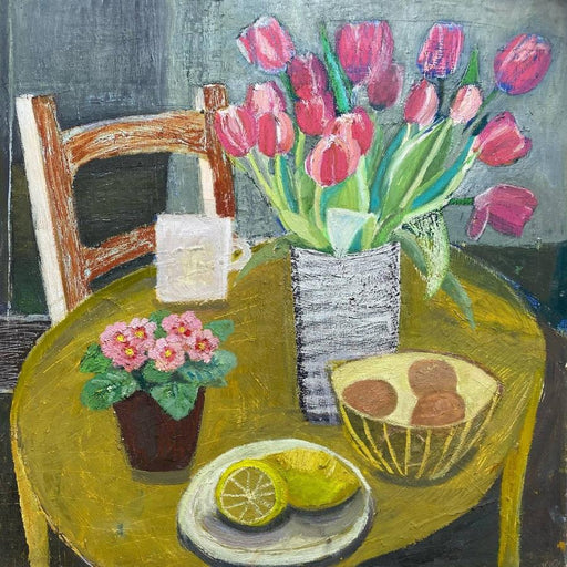 Tulips, Eggs, Lemons and Cyclamen - an original still life painting by Jo Sharpe for sale at The Biscuit Factory Newcastle