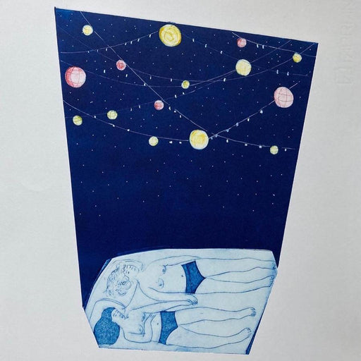 We Lay in our Pants by Sarah Morgan | Collagraph print of a couple under the stars for sale at The Biscuit Factory Newcastle