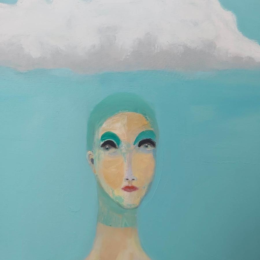 Between Heaven and Earth by Peter Hallam - an original oil painting of a lone figure under a white cloud and blue sky.