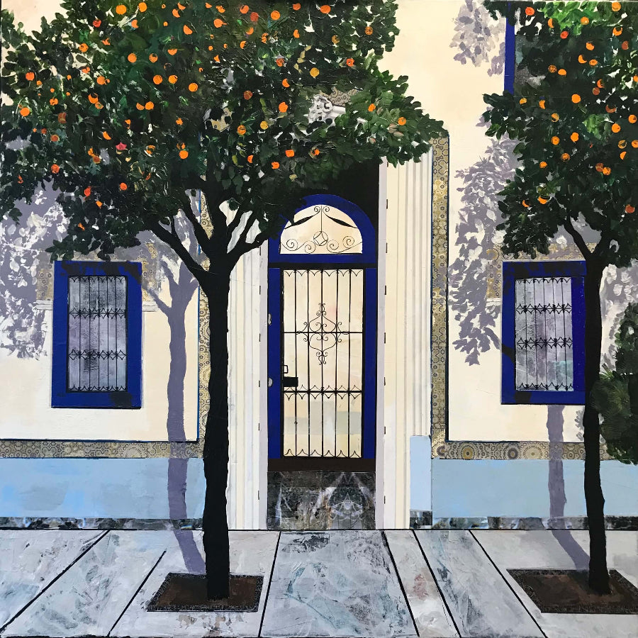 Blue Doorway and Orange trees Seville by Judith Appleby | Contemporary Painting for sale at The Biscuit Factory Newcastle 