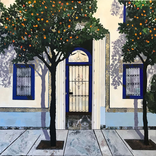 Blue Doorway and Orange trees Seville by Judith Appleby | Contemporary Painting for sale at The Biscuit Factory Newcastle 