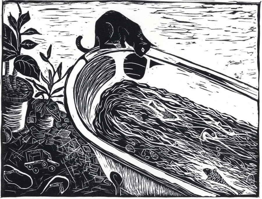 Contemplating by Anupa Gardner | Contemporary Linocut print for sale at The Biscuit Factory | 