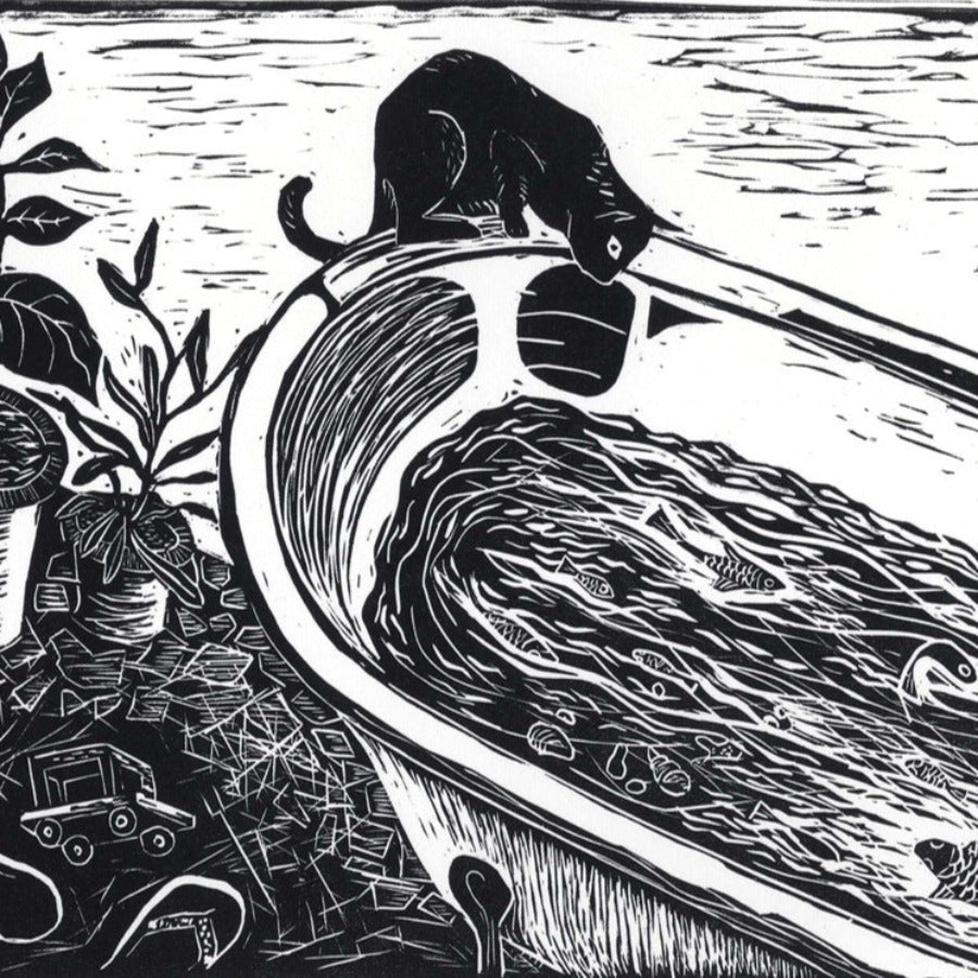 Contemplating by Anupa Gardner | Contemporary Linocut print for sale at The Biscuit Factory |