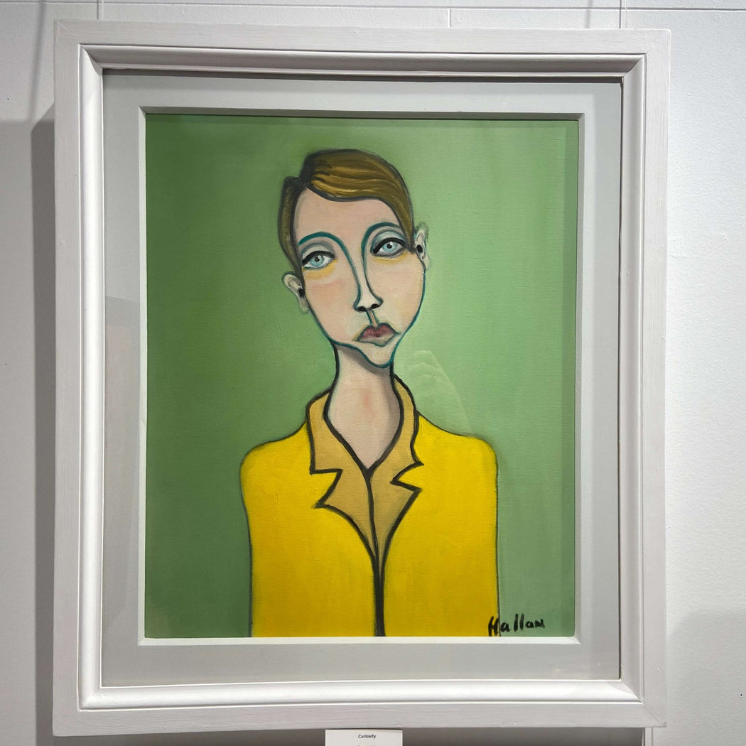 Curiosity by Peter Hallam, a colourful portait painting in green and yellow | Original art for sale at The Biscuit Factory Newcastle