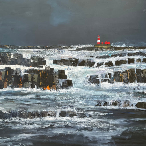 An original painting of a lighthouse and rocky sea shore by artist Judith Appleby. | Original art for sale at The Biscuit Factory Newcastle