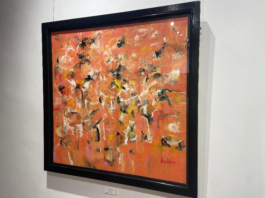 Dynamic Flight by Peter Hallam - an original abstract painting in orange, black and white. | Abstract art for sale at The Biscuit Factory Newcastle
