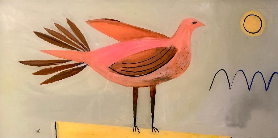 Fantail Bird on Yellow by Henrietta Corbett | Contemporary Painting of a bird for sale at The Biscuit Factory 