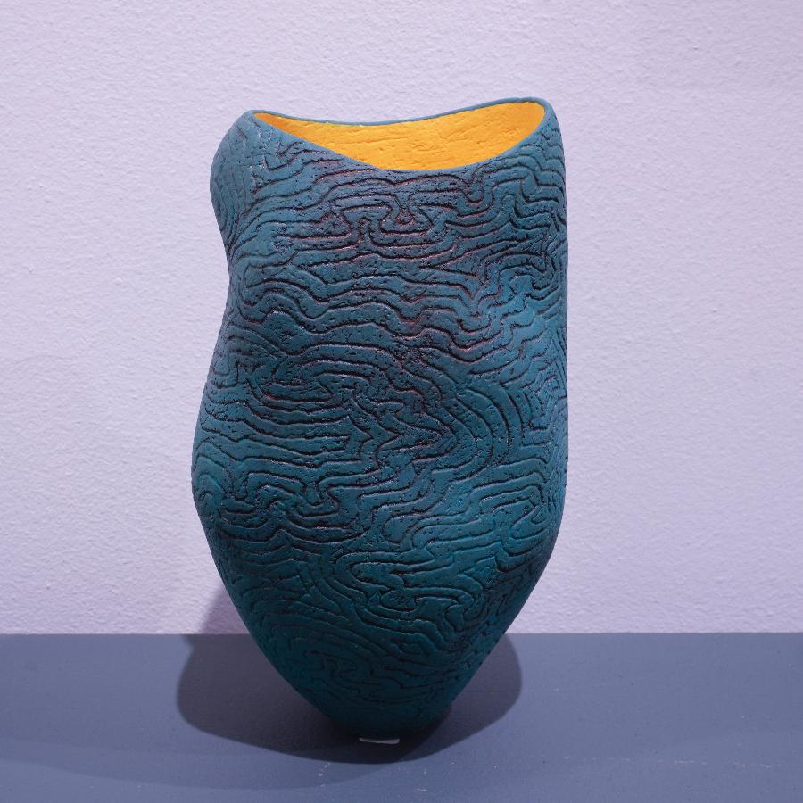 Fishing Net Green and Yellow by Katie Braida | Original Handcrafted Ceramic vessel for sale at The Biscuit Factory 